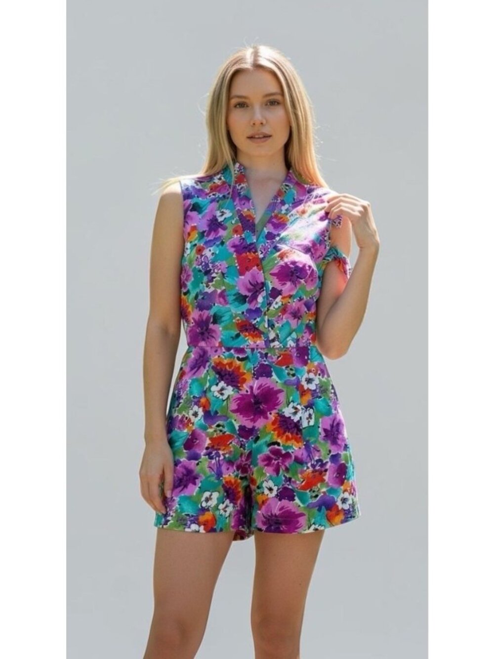 BY CHOICE Floral Romper Sleeveless Wrap Style Front Pleats Flow Shorts RARE Find